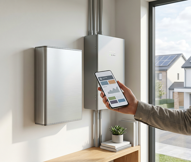 Wall-mounted home battery storage unit with smartphone app control